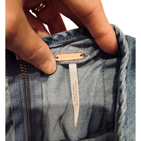 Free People Denim Halter Jumpsuit Blue Wide Leg Open Back Boho Womens Large - Picture 3 of 7